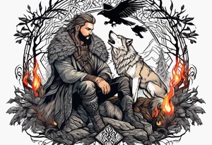 Germanic warrior
 sitting in front of a fire with the tree of life behind him and a wolf and a raven tattoo idea
