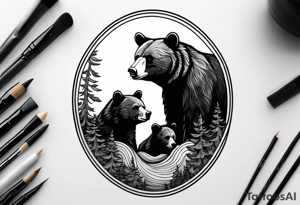 mother bear and cub enclosed in oval tattoo idea