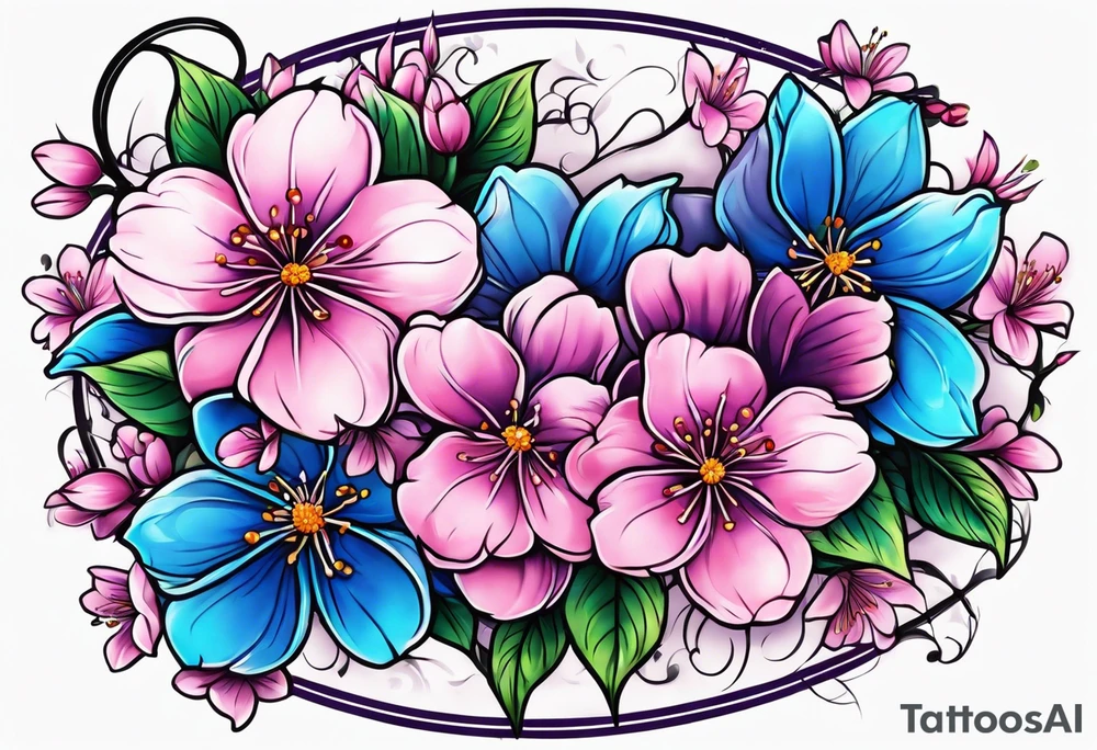Stars, pinks, purple, blues and cherry blossoms tattoo idea