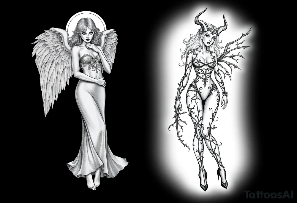 🔥 Dual Tattoo Concept: Angel & Demon – Sexy and Symbolic

Left Side – Angel (Engelin):
A sensual, barefoot angelic woman with soft, flowing hair and serene, open eyes gazes downward with calm strength. Her wings are large, feathered, and gracefully arched. She wears an elegant gown made of delicate, nature-like textures, blending floral and leaf motifs across her bodice and arms. The long dress flows like wind-swept silk, giving a sense of movement and grace. Her posture exudes calm power and divine femininity. She is barefoot, standing lightly as if floating—symbolizing purity, serenity, and grounded spirituality.

Right Side – Demoness (Teufelin):
A striking, seductive demoness with high heels and a confident stance radiates dark power and fierce sensuality. Her body is wrapped in an organic, flame- and thorn-like armor that clings to her form. Her skin appears almost sculpted with dark ornamental patterns. She has sharp horns, long hair, bat-like wings with torn edges, and a long, sinuous tail curling around her leg. Her expression is bold and alluring, eyes closed as if relishing her power. She stands tall in spiked heels, embodying chaos, desire, and strength.

⸻

🌓 Tattoo Style Suggestions:
	•	High-detail black-and-grey realism
	•	Placement: back piece, thighs, or dual shoulder blades
	•	Themes: Good vs Evil, Light vs Dark, Feminine Duality, Temptation vs Grace tattoo idea