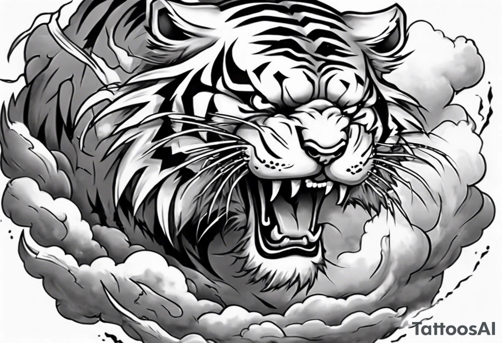 A thundergod tiger forearm tattoo, with lightning and clouds filling the area tattoo idea