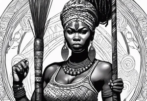 African woman warrior holding spear with deadlocks and earrings. With African setting in the background tattoo idea