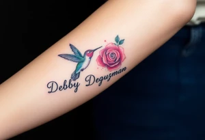 A tattoo on the forearm with the name Debby Deguzman with a humming bird and a rose tattoo idea
