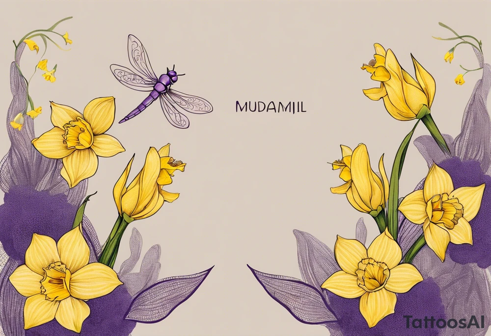 A minimalist tattoo design: Two daffodil flowers drawn with yellow lines, both blossoming from a single stem. On top of the flowers, there is a minimalist dragonfly, smaller in size than the flowers, drawn with purple lines. The stem of the daffodils extends downward and is designed to form the word ‘muadil’ in cursive handwriting, so that the stem and the writing appear as a unified whole. tattoo idea