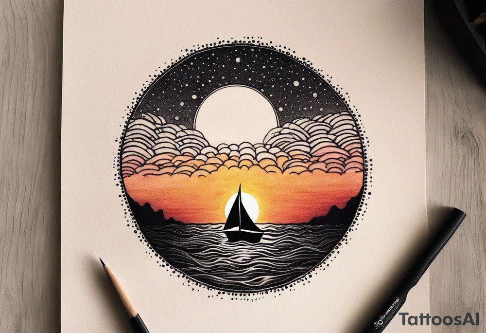 This tattoo needs to be incredibly simple and minimal. It's a sunset from the perspective of being on a boat on the ocean. The waves are very calm and there is no land in site. There are slight reflections of the sun on the water. The tattoo will be in landscape orientation. Mostly black with small splashes of color from the sun. There are no other objects in the tattoo besides the sun, water, and maybe some clouds and a bird or two, tattoo idea