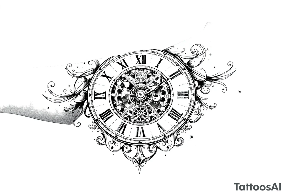 vintage roman numerals within ornate clockwork mechanism tattoo idea