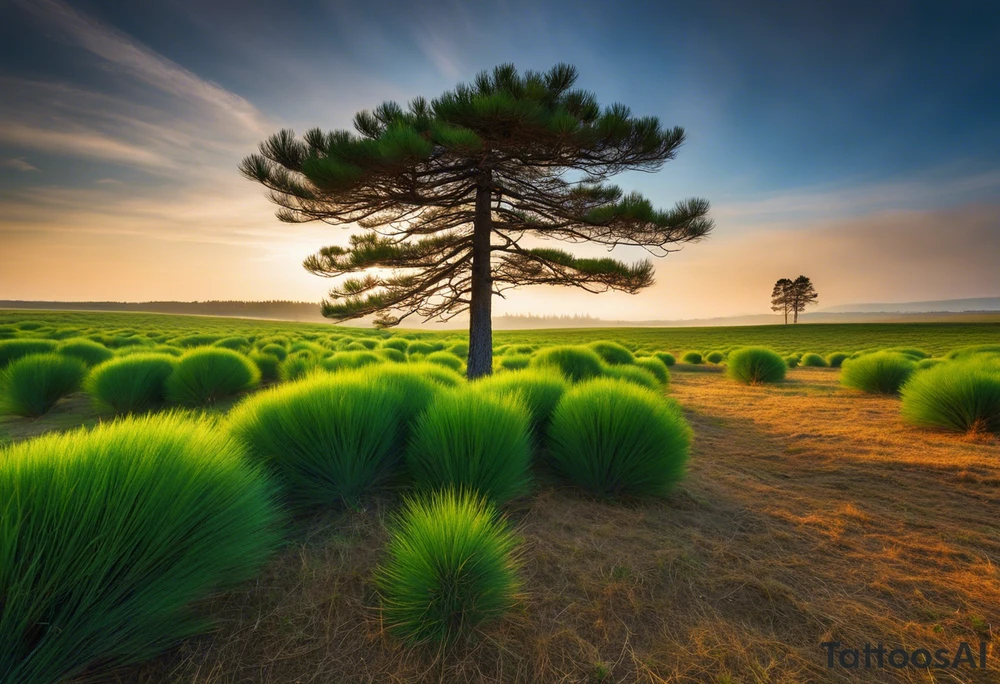 A solitary pine tree standing tall in an empty, open field, with vibrant green needles covering only one side of the tree. The other side is stark and bare, with branches exposed and no leaves. The scene is illuminated by soft, early morning light, creating a contrast between the lush side and the barren side of the tree. The empty field stretches out in all directions, emphasizing the unique appearance of the lone pine tree. --v 5 --ar 16:9 --q 2 tattoo idea