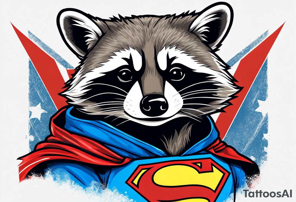 raccoon wearing a Superman hoodie tattoo idea