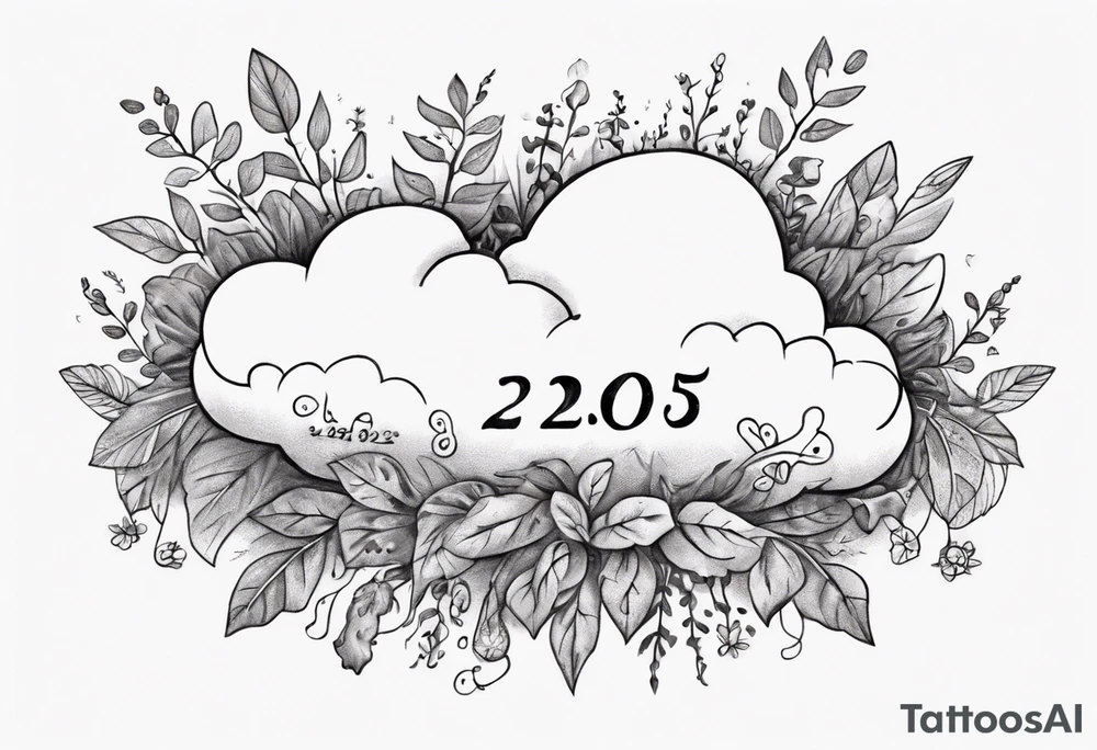 a forearm tattoo with a cloud with little plants and underneath it the date 12.08.05 tattoo idea