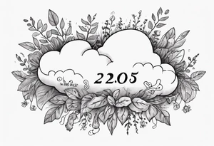 a forearm tattoo with a cloud with little plants and underneath it the date 12.08.05 tattoo idea