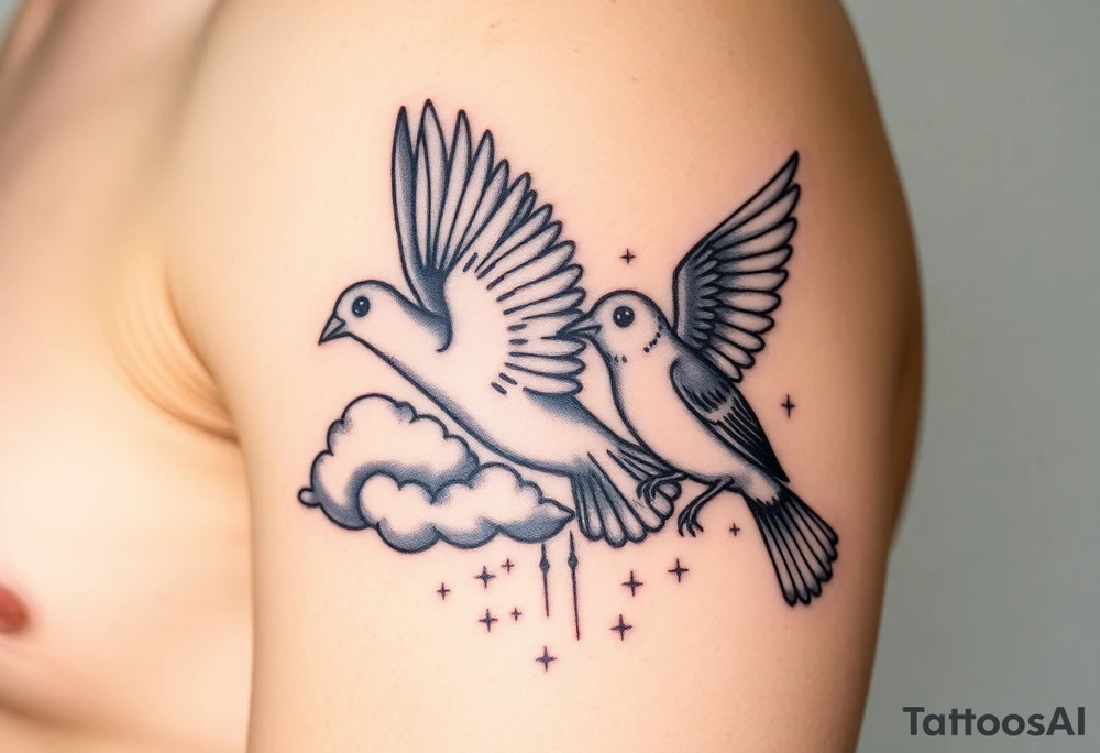 Dove and a blue jay, clouds, shining light to or from heaven tattoo idea
