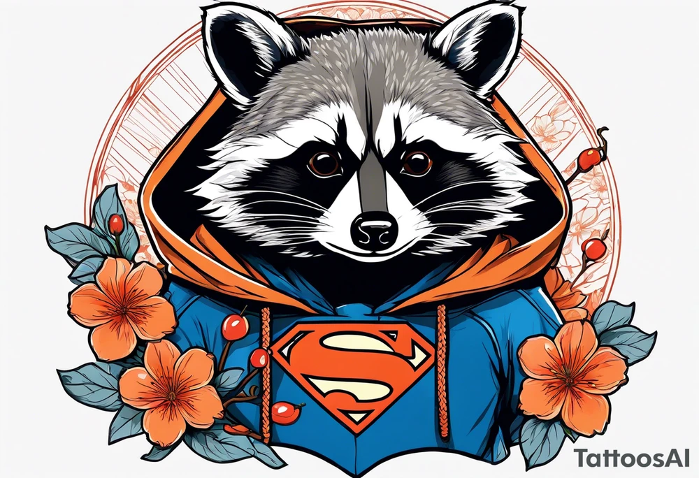 raccoon wearing a Superman hoodie with orange cherry blossoms tattoo idea