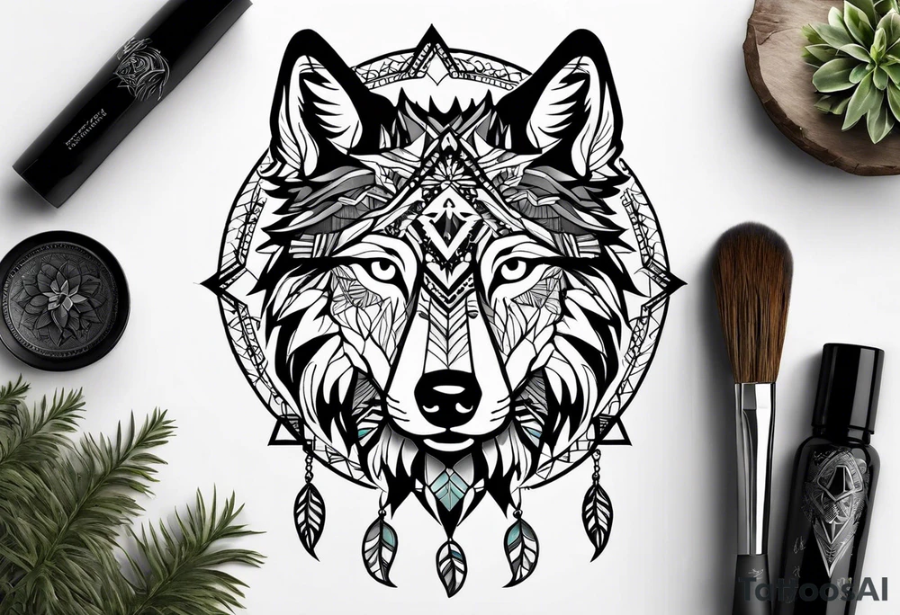 A whimsical wolf tattoo featuring mandala or dream catcher elements, with the wolf as the central focus, surrounded by mountains in the background. Include flowers and nature elements to fill the space around the wolf. tattoo idea