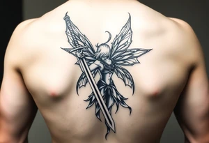 powerful fae fairy holding a sword at a battle big back peice tattoo idea