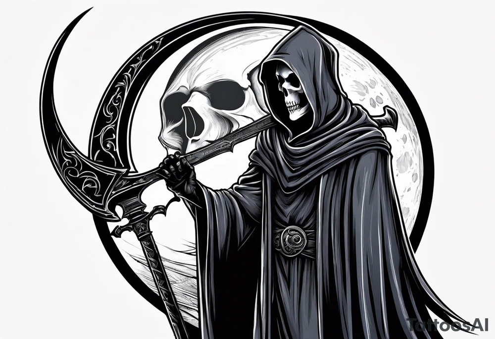 Grim reaper with moon behind cloak tattoo idea