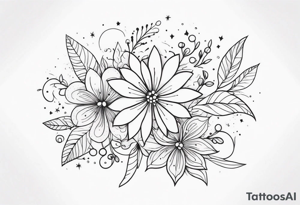 fine line floral with stars, swirls, dots tattoo idea