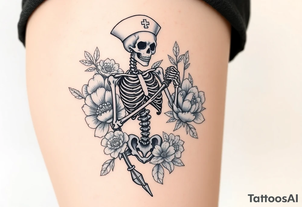 Pretty Nurse skeleton holding a needle with peonies and honey combs background tattoo idea