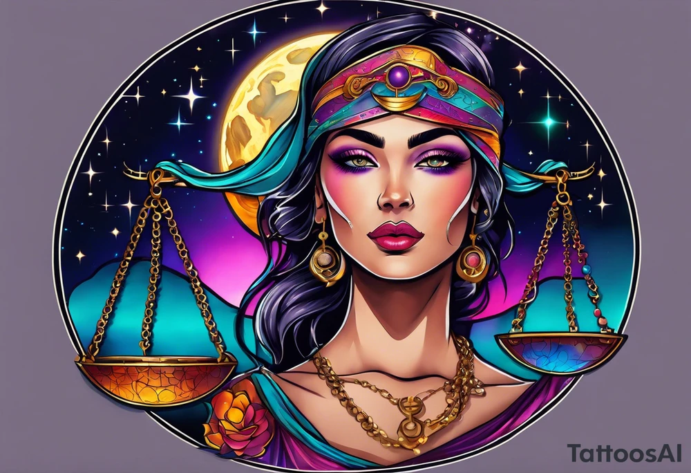 Beautiful woman blindfolded holding the libra scales, in the background is the libra constellation with a halfmoon surrounding half of the woman. The scales hang from the bottom of the half moon. Vibrant colors intensify the picture tattoo idea