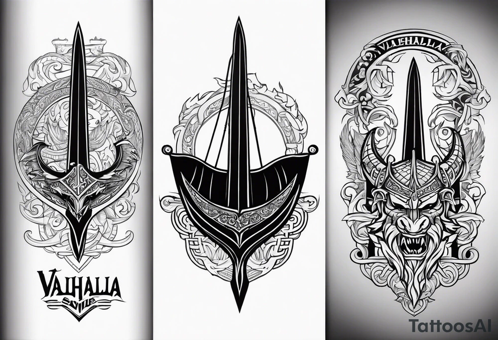 Valhalla sword shield viking ship dragon head tattoo idea Valhalla sword shield viking ship dragon head tattoo idea