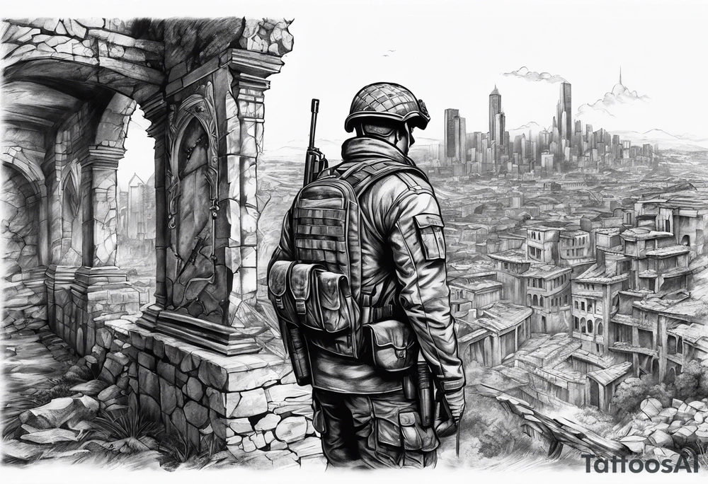 Soilder looking at city ruins tattoo idea