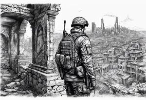 Soilder looking at city ruins tattoo idea
