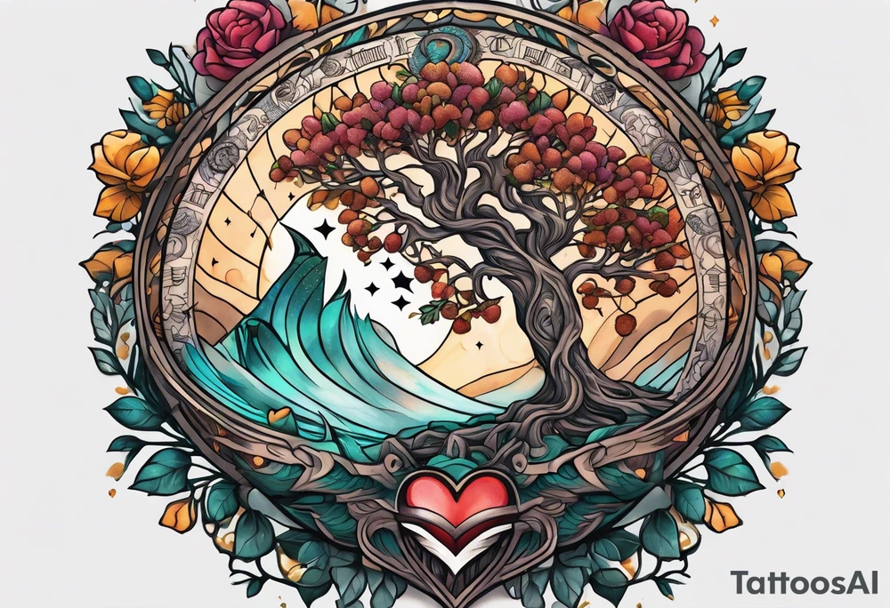 Micro realism tattoo design featuring the helix merging into the tree of life. With my zodiac sign libra holding the brain and heart on each side of the scale with the heart out weighing the brain tattoo idea