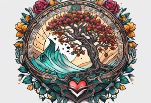 Micro realism tattoo design featuring the helix merging into the tree of life. With my zodiac sign libra holding the brain and heart on each side of the scale with the heart out weighing the brain tattoo idea