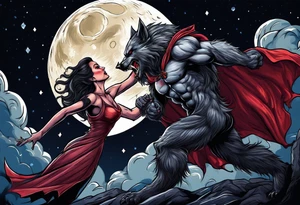 Muscular werewolf fighting a vampire under the moon tattoo idea