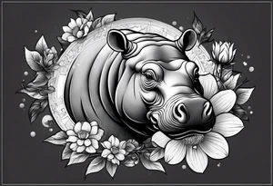 A hippo head with a detailed realistic full moon on upper right corner and wintersweet flower on lower left corner tattoo idea