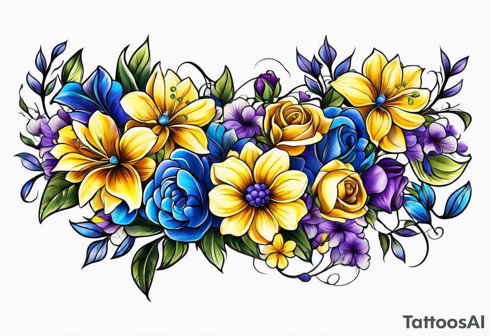 Blue yellow and purple flowers arm sleeve tattoo idea
