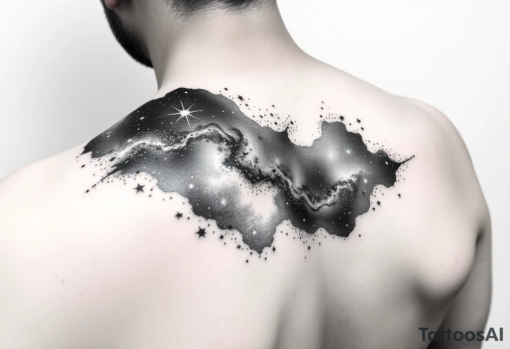Beautiful and epic 3d milky way that appears to be what is beneath the skin. Make it drape over the shoulder and move to the middle back. use negative spaces to create stars and dust. Incorporate God breathing life into the universe. Keep it symmetrical tattoo idea