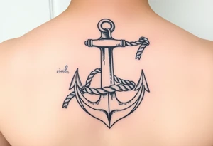 weathered anchor wrapped in nautical rope with sea waves tattoo idea