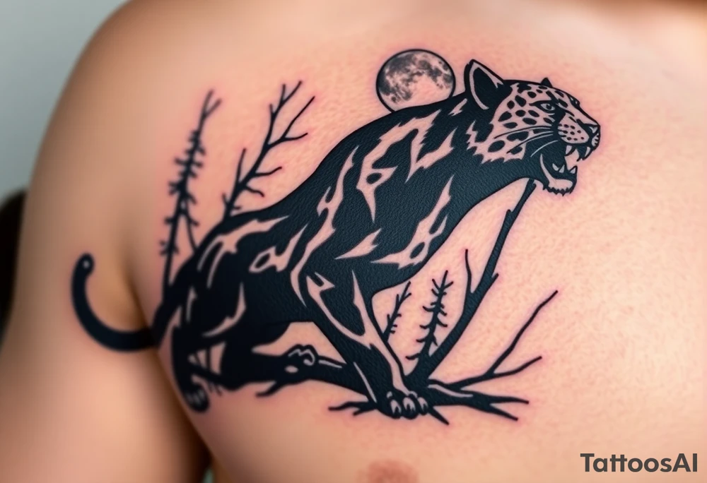 A Black leopard in the woods with moon in sky tattoo idea