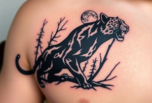 A Black leopard in the woods with moon in sky tattoo idea