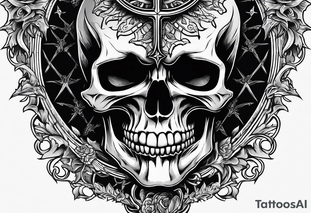 Skull with vampire fangs, three crosses, prayer hands tattoo idea