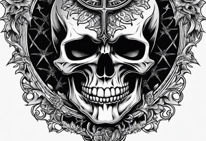 Skull with vampire fangs, three crosses, prayer hands tattoo idea