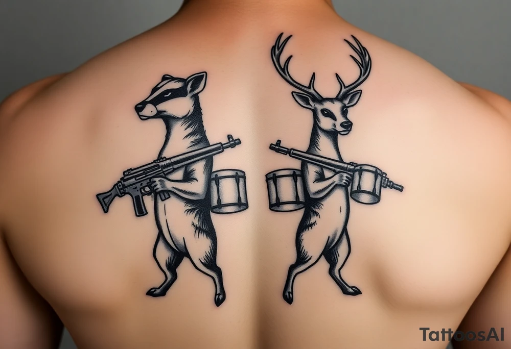 Wisconsin Badger and Milwaukee Buck's Deer standing back against each other both holding gun's with drums on em tattoo idea