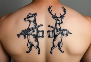 Wisconsin Badger and Milwaukee Buck's Deer standing back against each other both holding gun's with drums on em tattoo idea