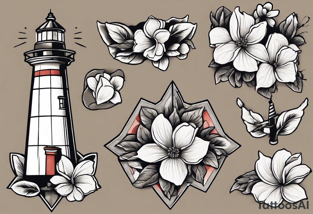 American traditional tattoo of a light house bordered by magnolia flowers and rope. Behind the light house is a periwinkle blue cancer ribbon tattoo idea