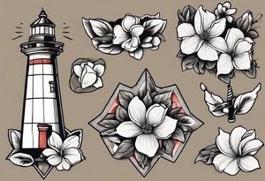 American traditional tattoo of a light house bordered by magnolia flowers and rope. Behind the light house is a periwinkle blue cancer ribbon tattoo idea