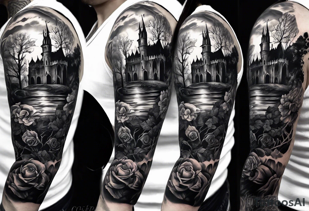 tattoo fool sleeve, old broken gothic castle, tree roots break out of the chains, roses tattoo idea