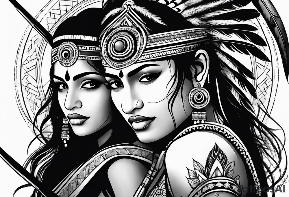 tribal indian couples with bow and arrows tattoo idea
