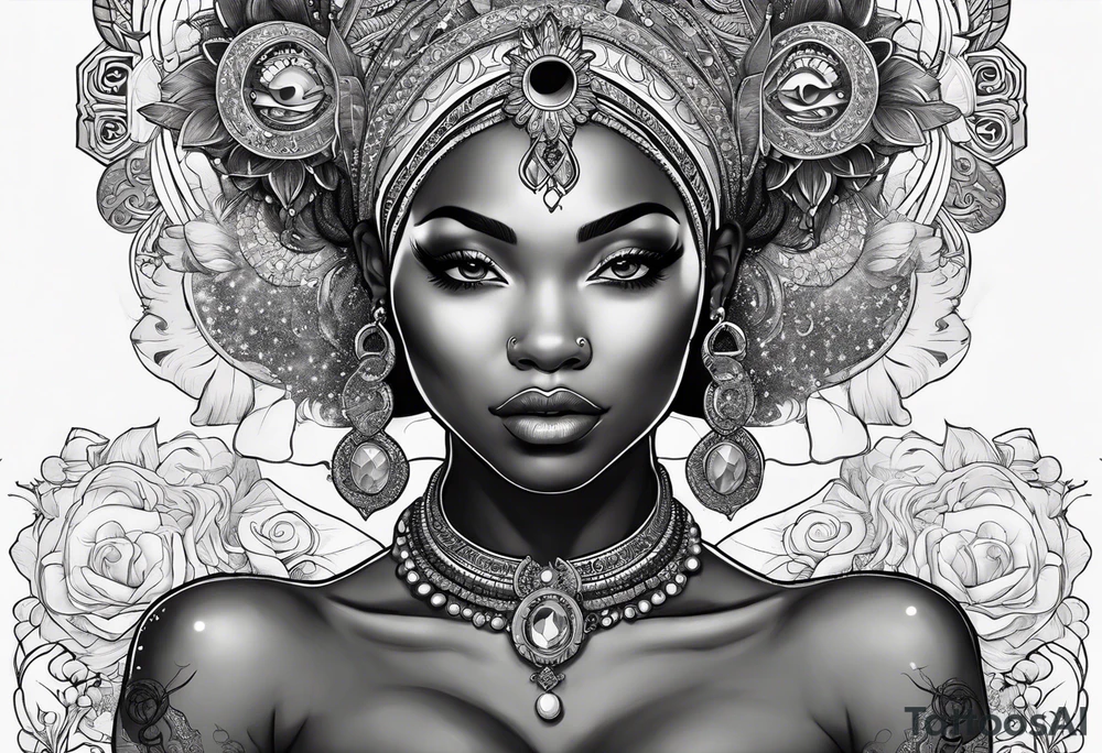 Black woman, royalty, enlightenment, wisdom, astronomy, cancer zodiac, natural, love, strength, power tattoo idea