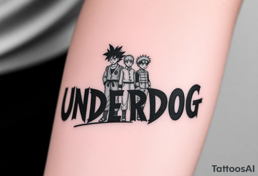 the word underdog in a with 3 anime characters Goku  and Naruto and ippo  one standing in the middle one standing on the right and one standing on the left
 above the word tattoo idea