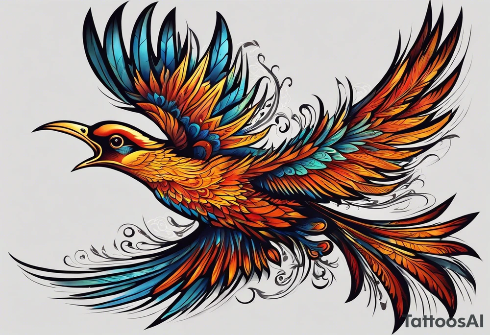 russian firebird in-flight with very long fancy tail "Isaiah 43: 18-19" tattoo idea