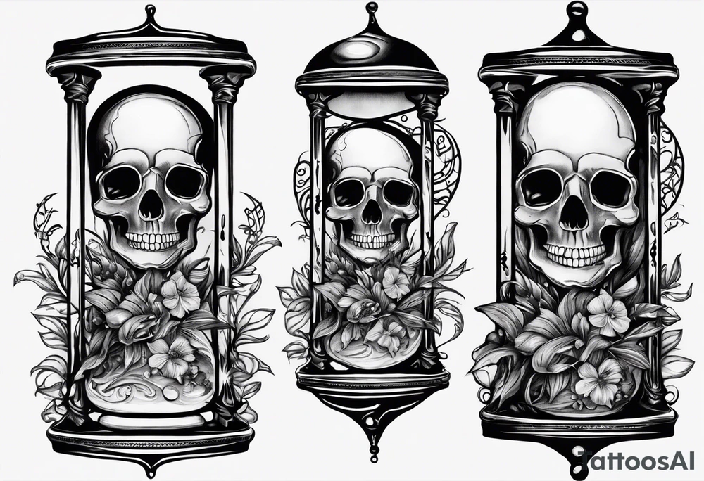 Hourglass with vines and flowers in the top bulb that are trickling like sand into the lower bulb containing a skull semi-submerged in the sand. The words “Memento Mori” are written on the hourglass tattoo idea