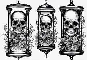Hourglass with vines and flowers in the top bulb that are trickling like sand into the lower bulb containing a skull semi-submerged in the sand. The words “Memento Mori” are written on the hourglass tattoo idea