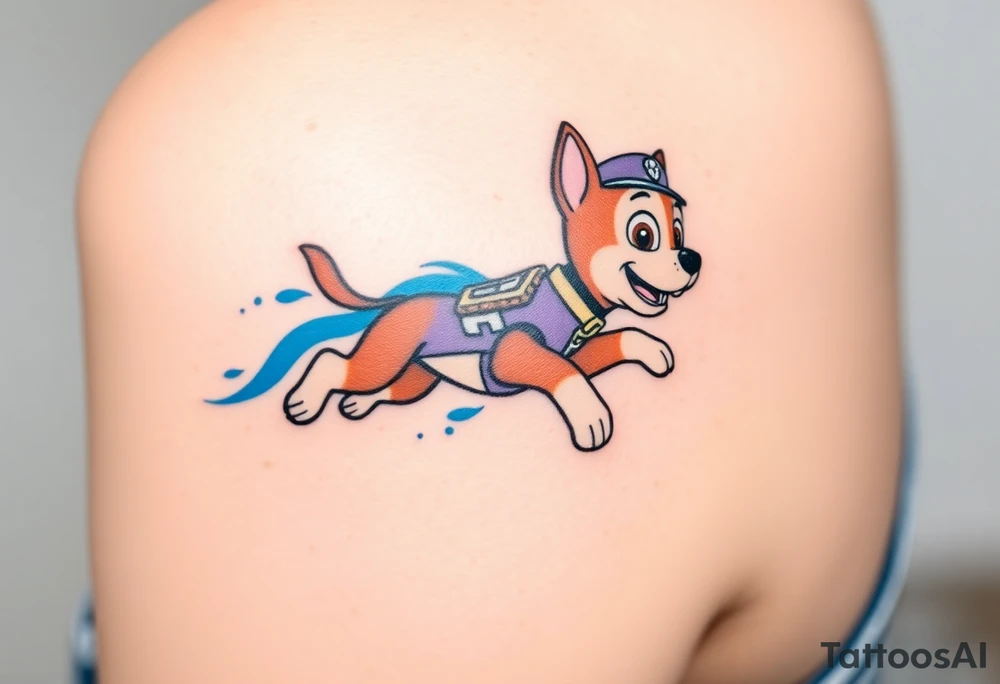 A dynamic silhouette of Paw Patrol member Chase in mid-leap, surrounded by blue energy lines, creating a sense of speed. tattoo idea