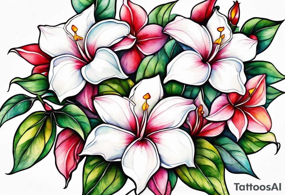 white background, abstract mandevilla flowers on a vine, part of it watercolor, part of it just line work tattoo idea