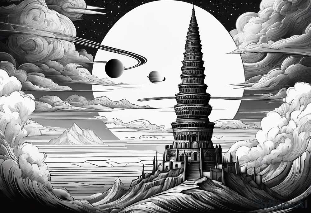 Babel tower with a saturn sunset tattoo idea
